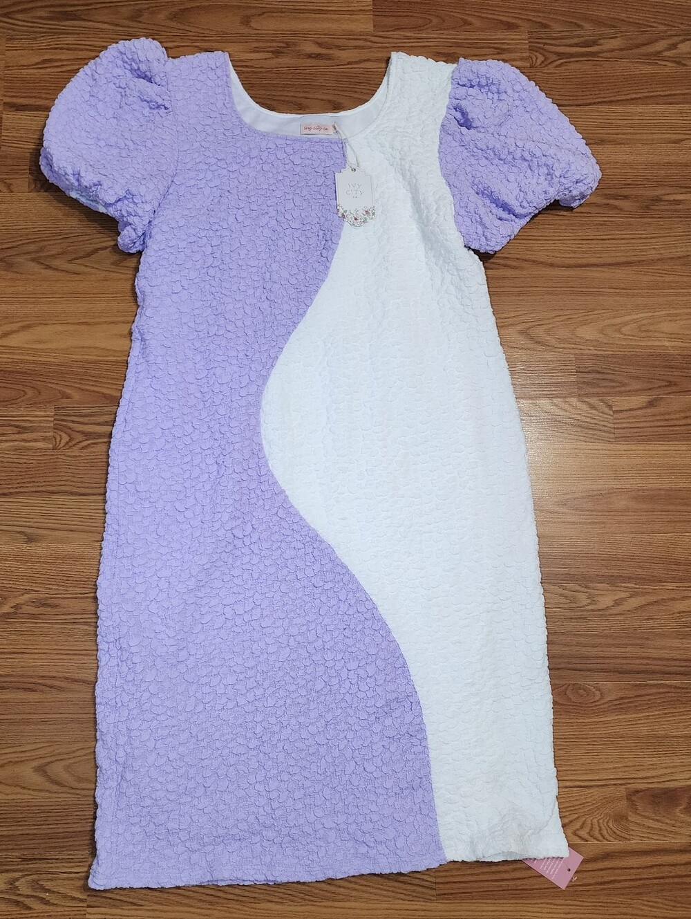 NWT Ivy City Co Nova Dress Lavender White Textured Puff Sleeve Midi Women’s 2X